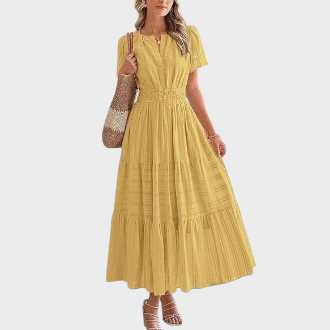 Zaza | Vestido Longo Casual com Cintura Elástica e Decote em V