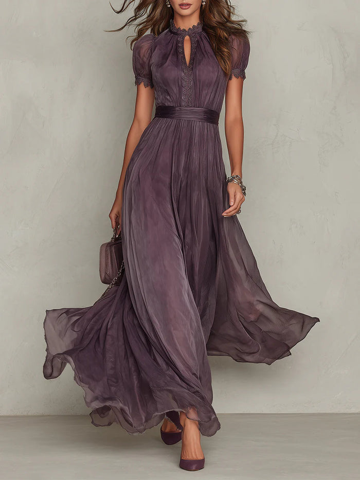 Florbela | Vestido Maxi de Chiffon Roxo com Renda e Decote Gota Vintage