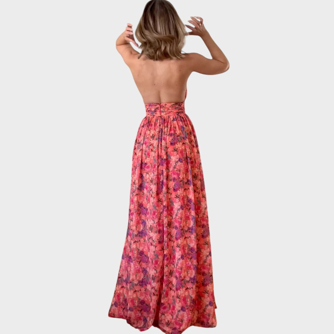 Lunay | Vestido Longo Costas Abertas com Estampa Floral para Dias de Verão