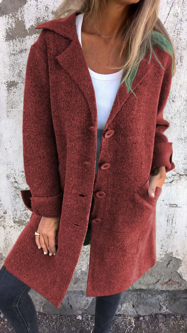 Baylea - Casaco Longo Casual de Lã com Lapela e Abotoamento Simples