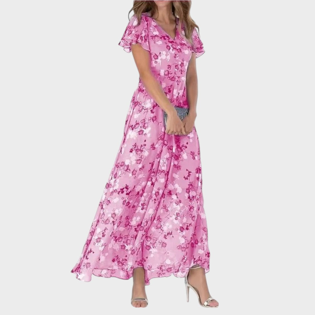 Esme | Vestido Floral com Babados, Decote em V e Mangas Curtas Soltas