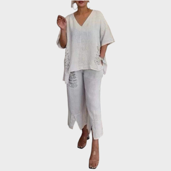 Bianca | Conjunto de Duas Peças de Algodão e Linho com Decote V e Calça Ampla