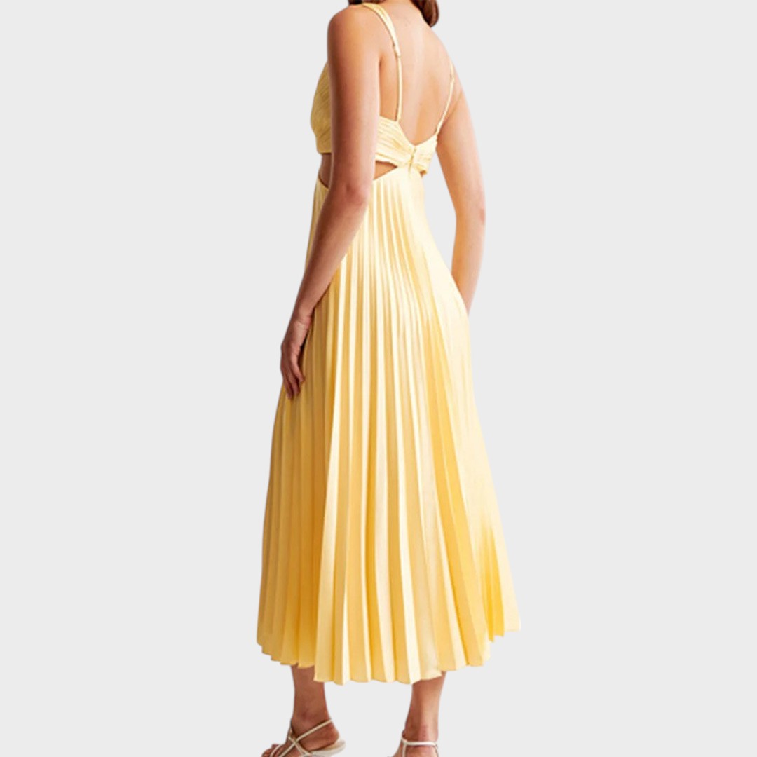Noa | Vestido Longo Amarelo Plissado com Decote em V e Alças Cruzadas nas Costas