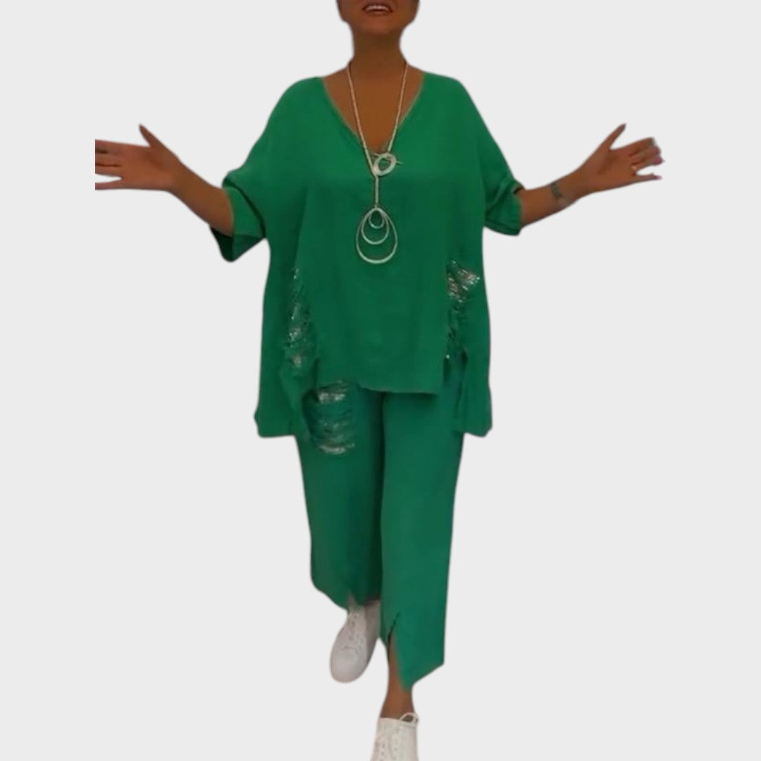 Bianca | Conjunto de Duas Peças de Algodão e Linho com Decote V e Calça Ampla