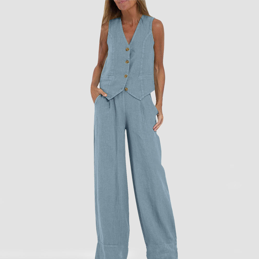 Mary | Conjunto de Casaco e Calça de Linho Natural com Botões de Madeira