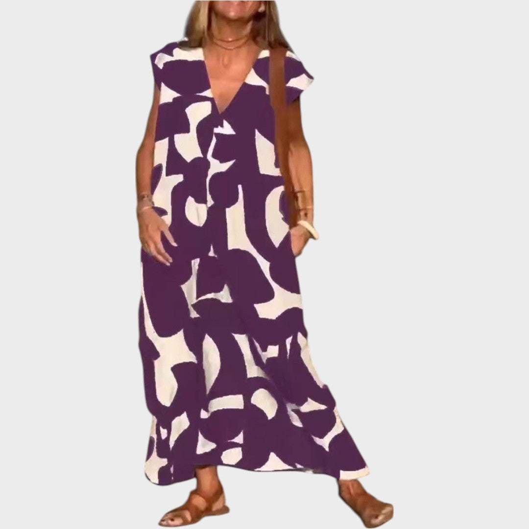 Mebelle | Vestido Midi com Decote em V e Estampa Gráfica em Preto e Branco