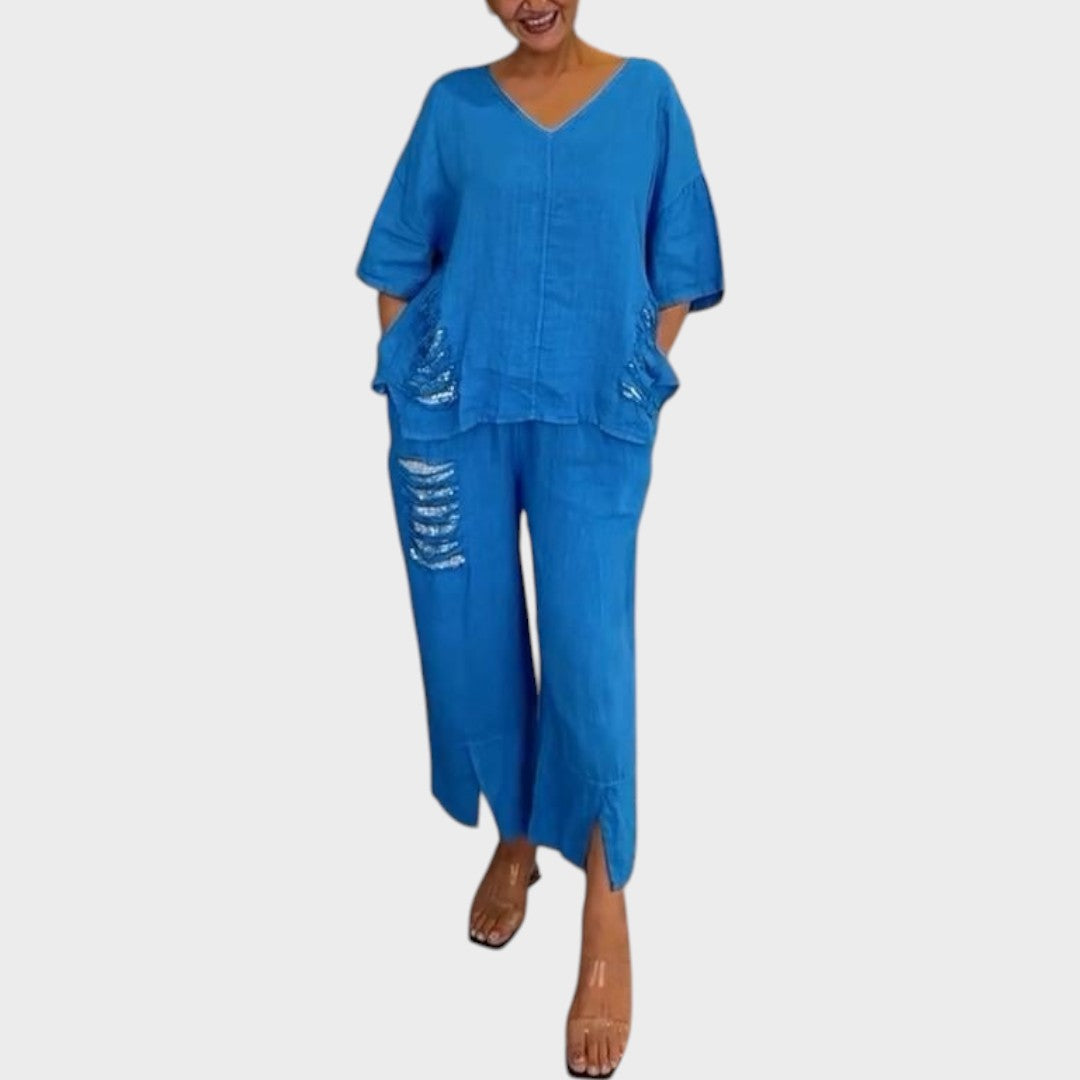 Bianca | Conjunto de Duas Peças de Algodão e Linho com Decote V e Calça Ampla