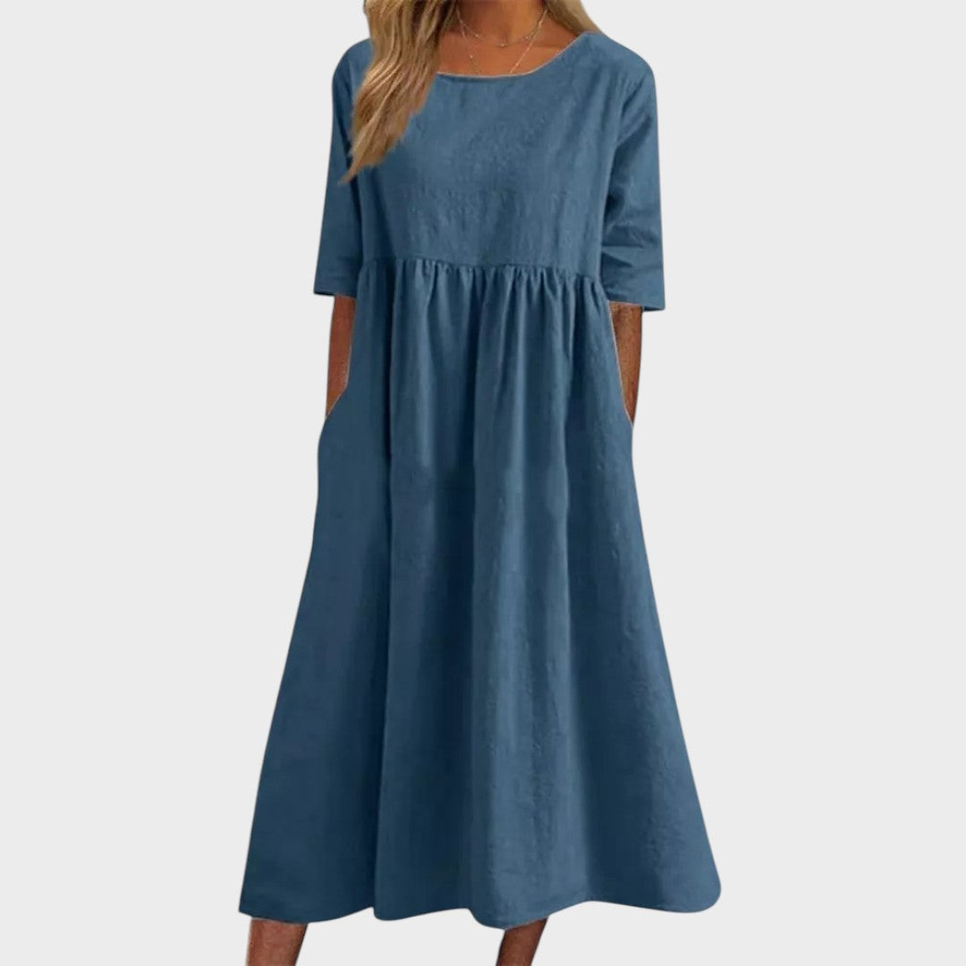 Lucia | Vestido de Algodão com Gola Redonda e Detalhe na Cintura
