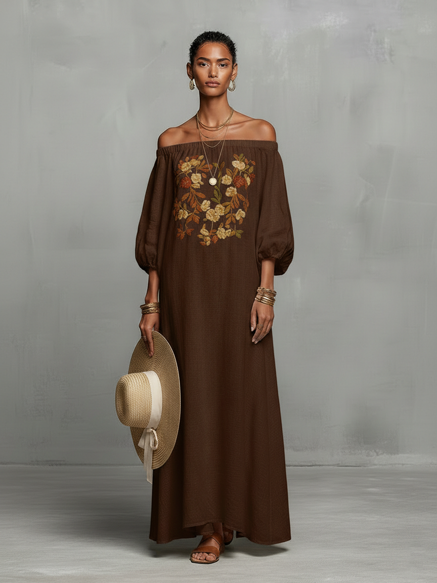 Constanza | Vestido Maxi con Hombros Descubiertos y Bordado Delicado