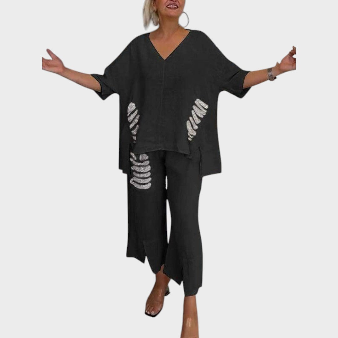 Bianca | Conjunto de Duas Peças de Algodão e Linho com Decote V e Calça Ampla