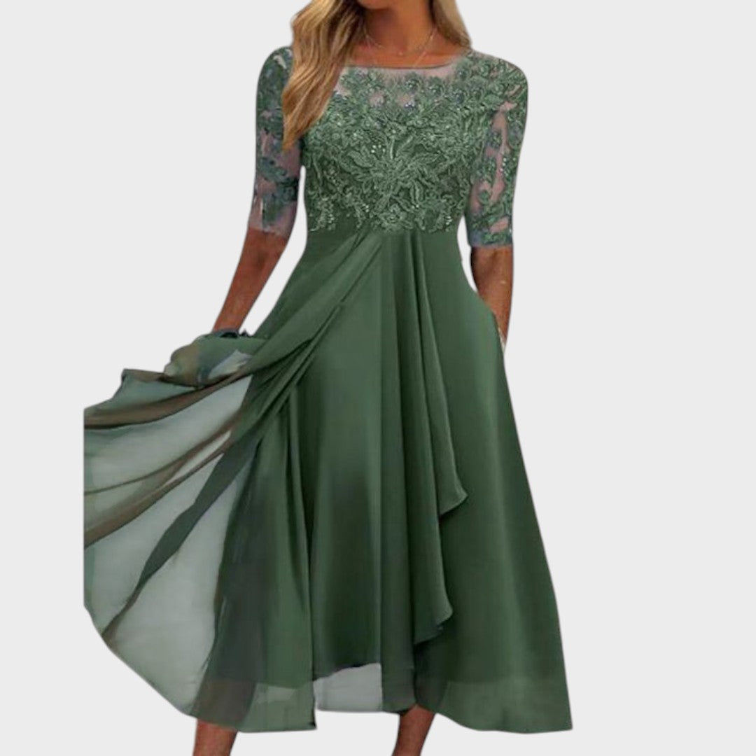 Gabhi | Vestido Midi com Detalhes de Renda, Mangas Transparentes e Saia Evasê