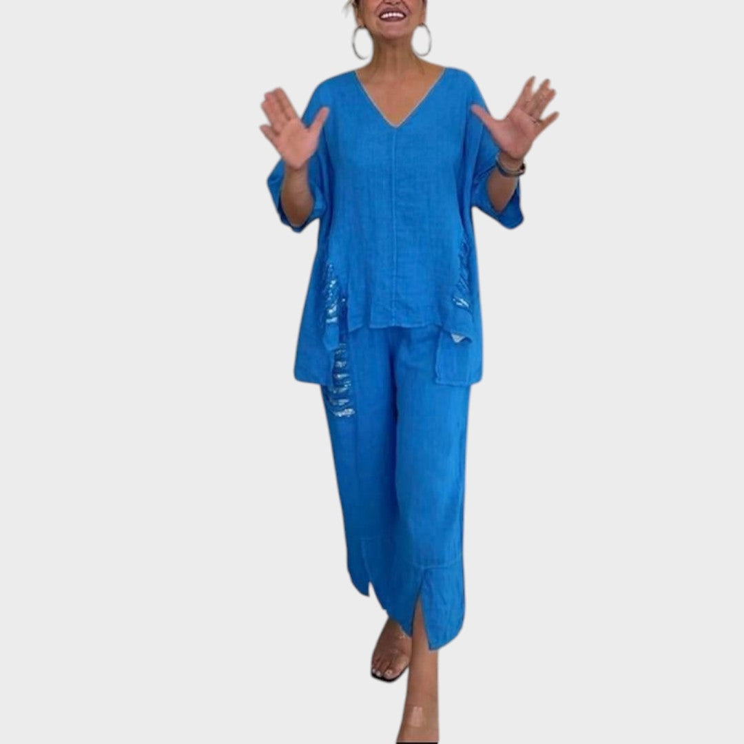 Bianca | Conjunto de Duas Peças de Algodão e Linho com Decote V e Calça Ampla