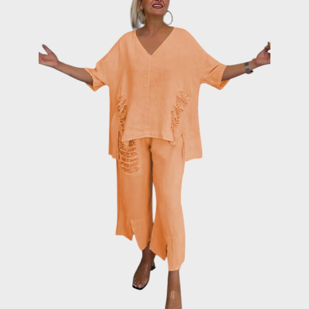 Bianca | Conjunto de Duas Peças de Algodão e Linho com Decote V e Calça Ampla