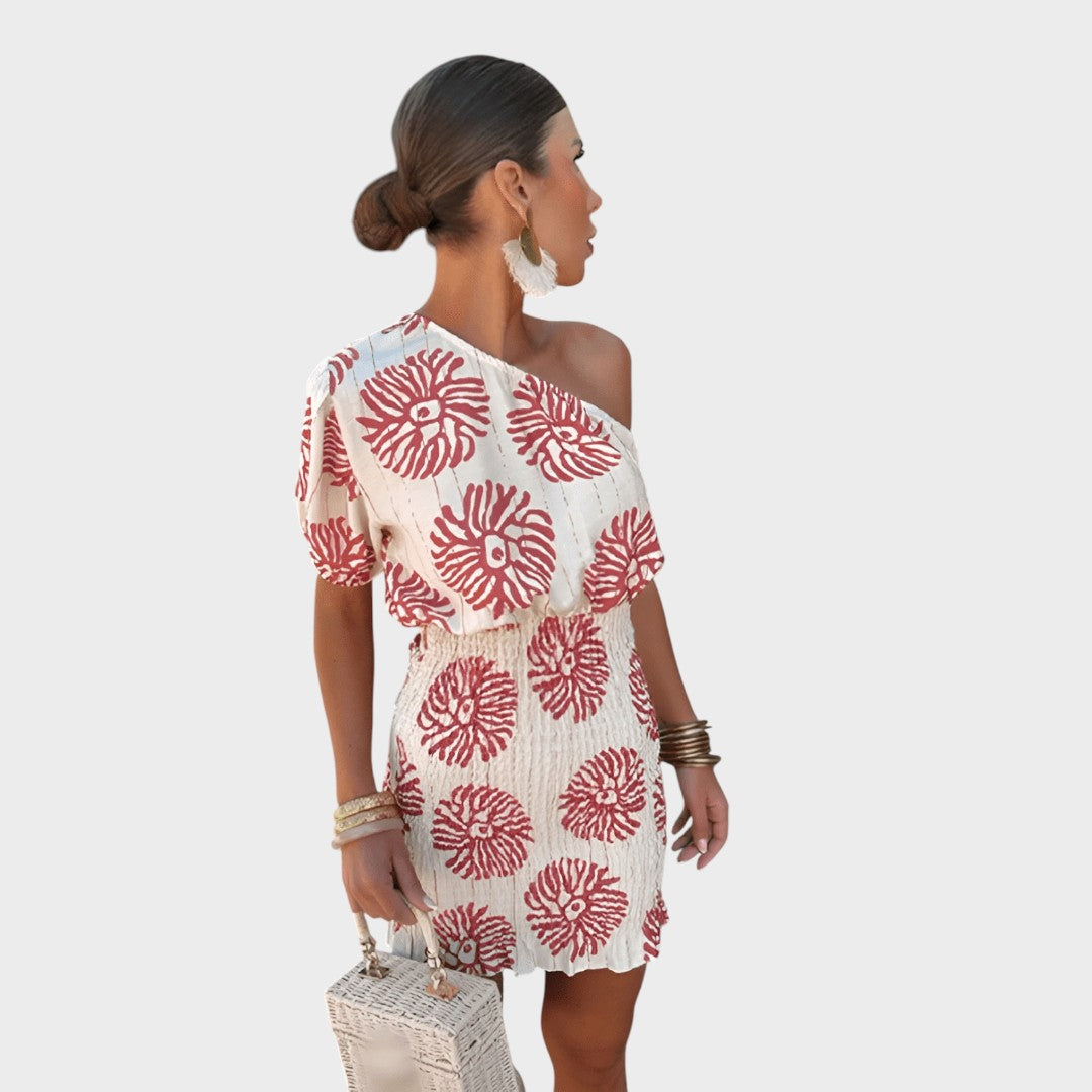 Mia | Elegante Minivestido de Verão com Estampa Coral e Ombro Único