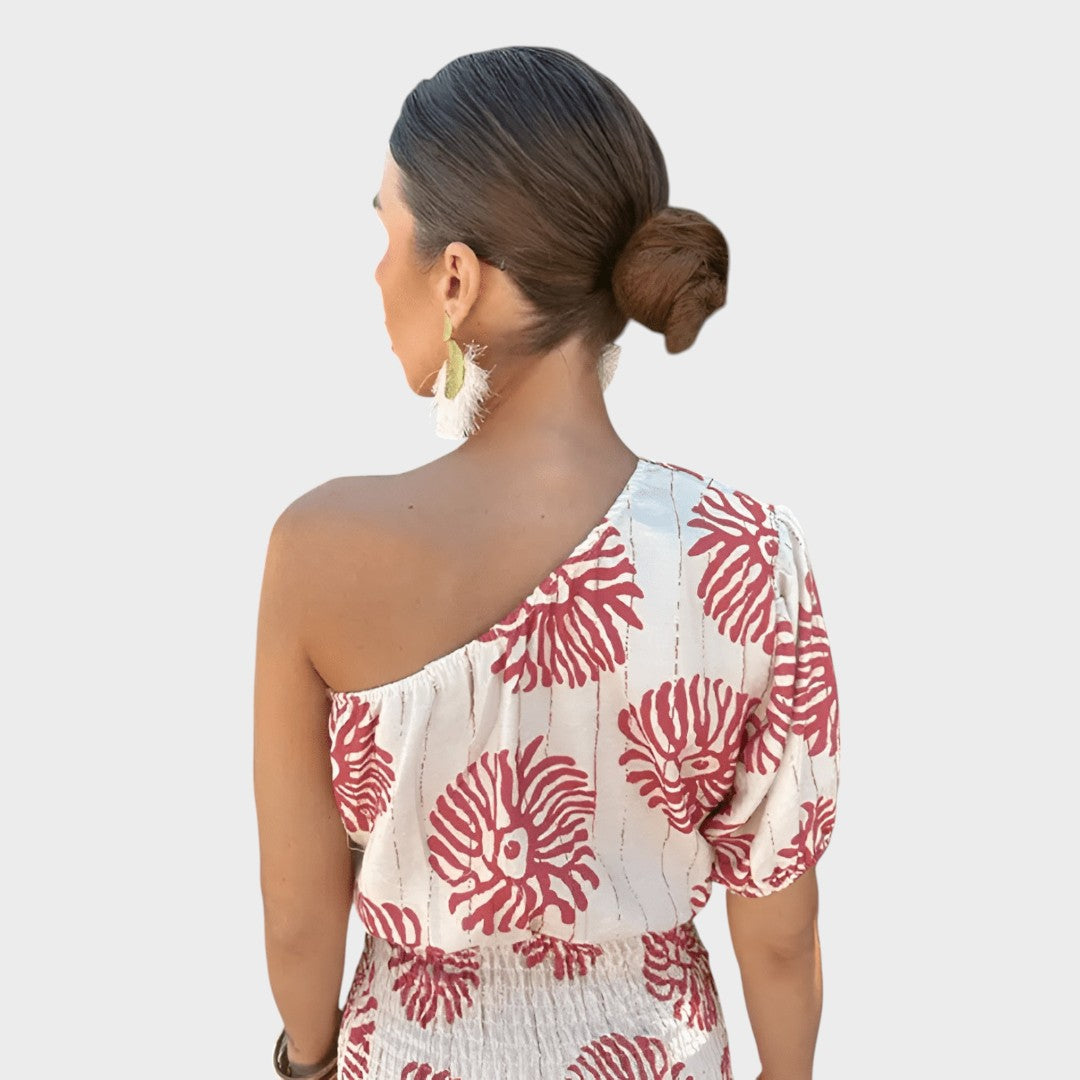 Mia | Elegante Minivestido de Verão com Estampa Coral e Ombro Único
