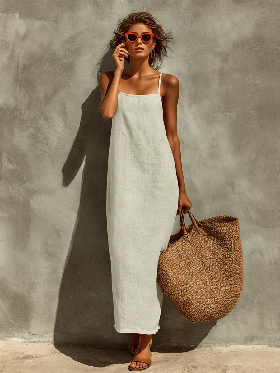 Vestido de Algodão com Alças Finas e Decote Quadrado, Estilo Boho-Resort Atemporal