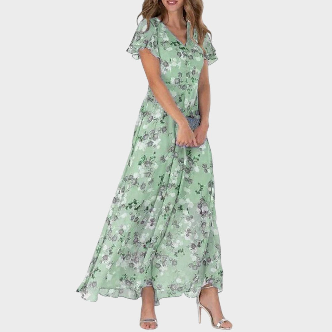 Esme | Vestido Floral com Babados, Decote em V e Mangas Curtas Soltas