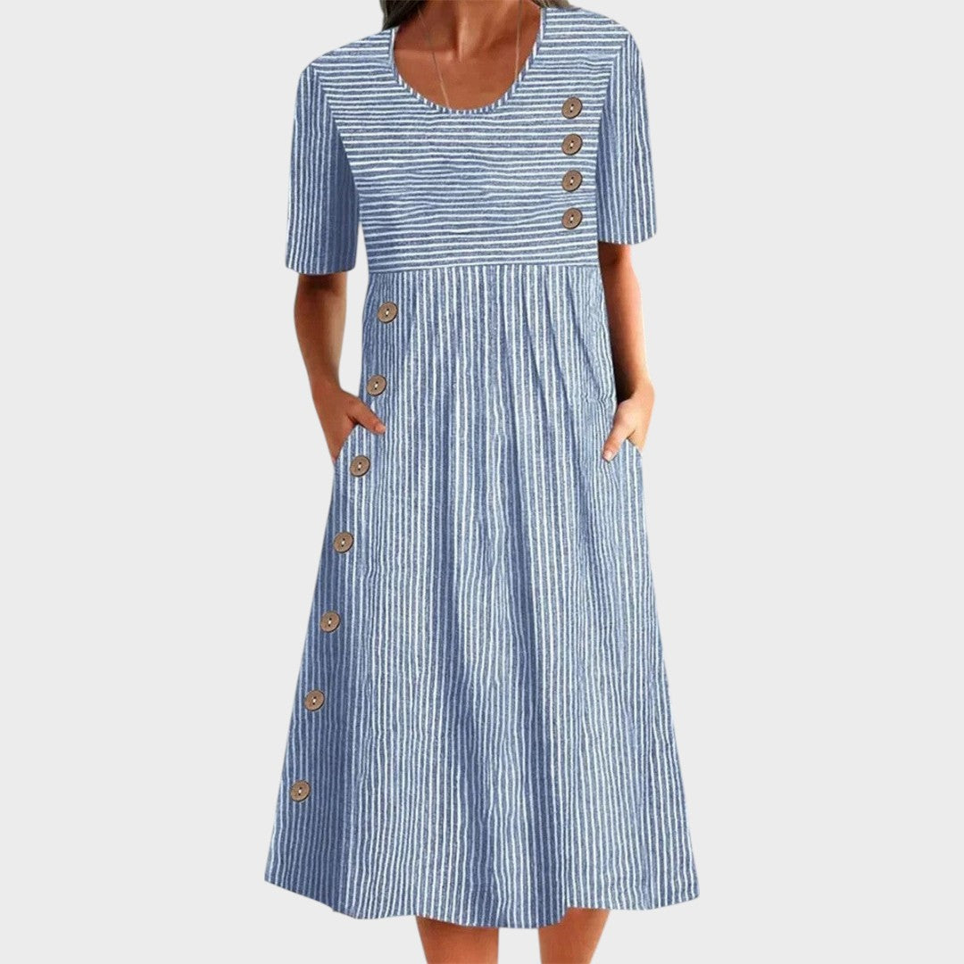 Luisa | Vestido Midi de Algodão Listrado com Mangas 3/4