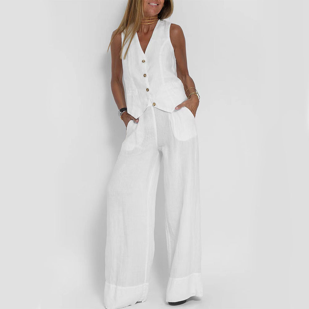 Mary | Conjunto de Casaco e Calça de Linho Natural com Botões de Madeira