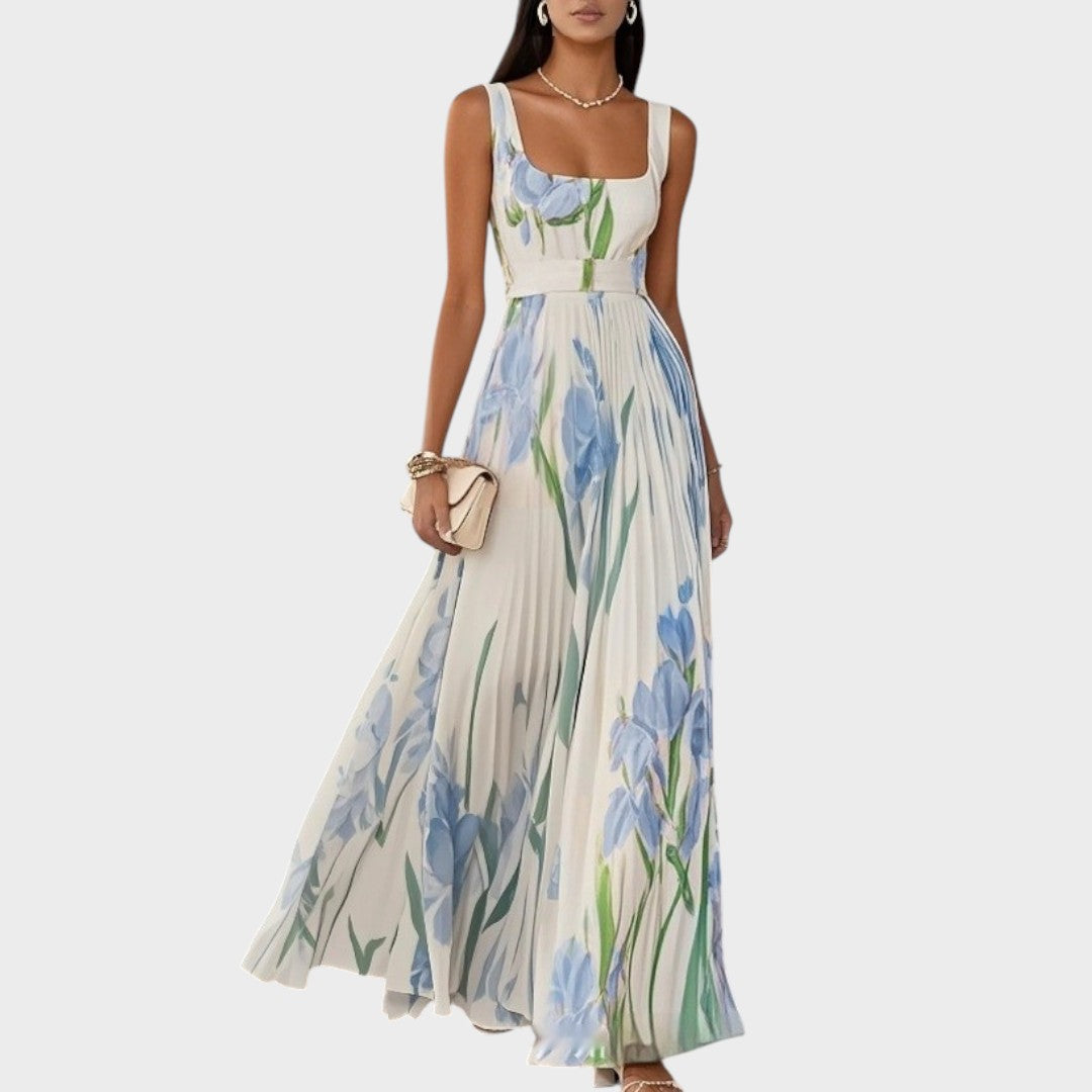Luxe | Vestido Longo Plissado com Decote Quadrado e Flores em Chiffon