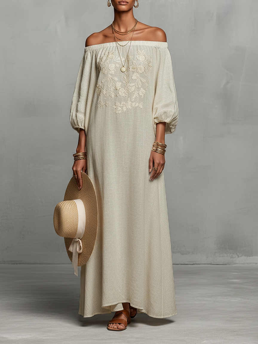 Constanza | Vestido Maxi Ombro a Ombro com Bordado Delicado