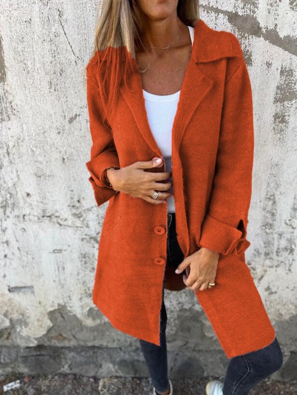 Baylea - Casaco Longo Casual de Lã com Lapela e Abotoamento Simples