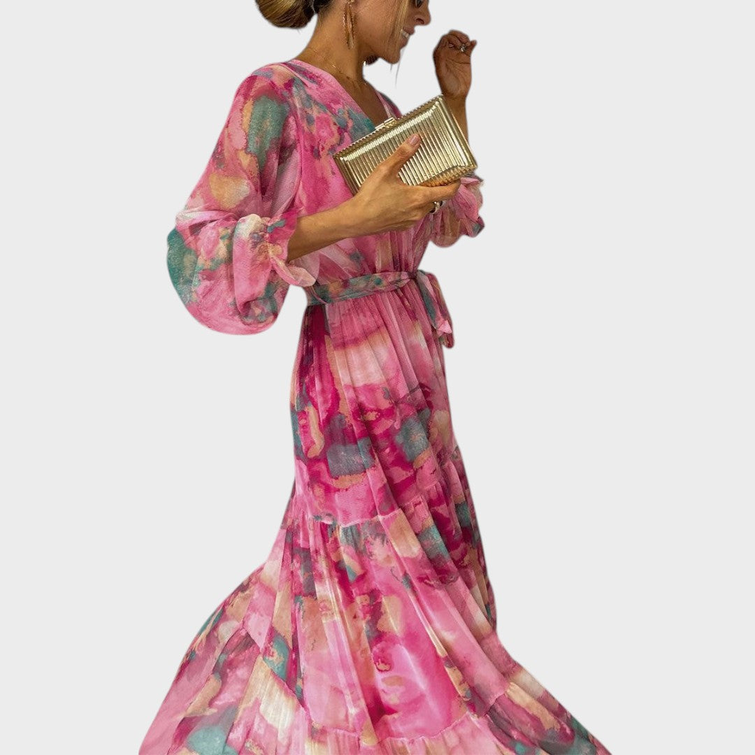 Alanna | Vestido Longo com Estampa Floral e Mangas Bufantes