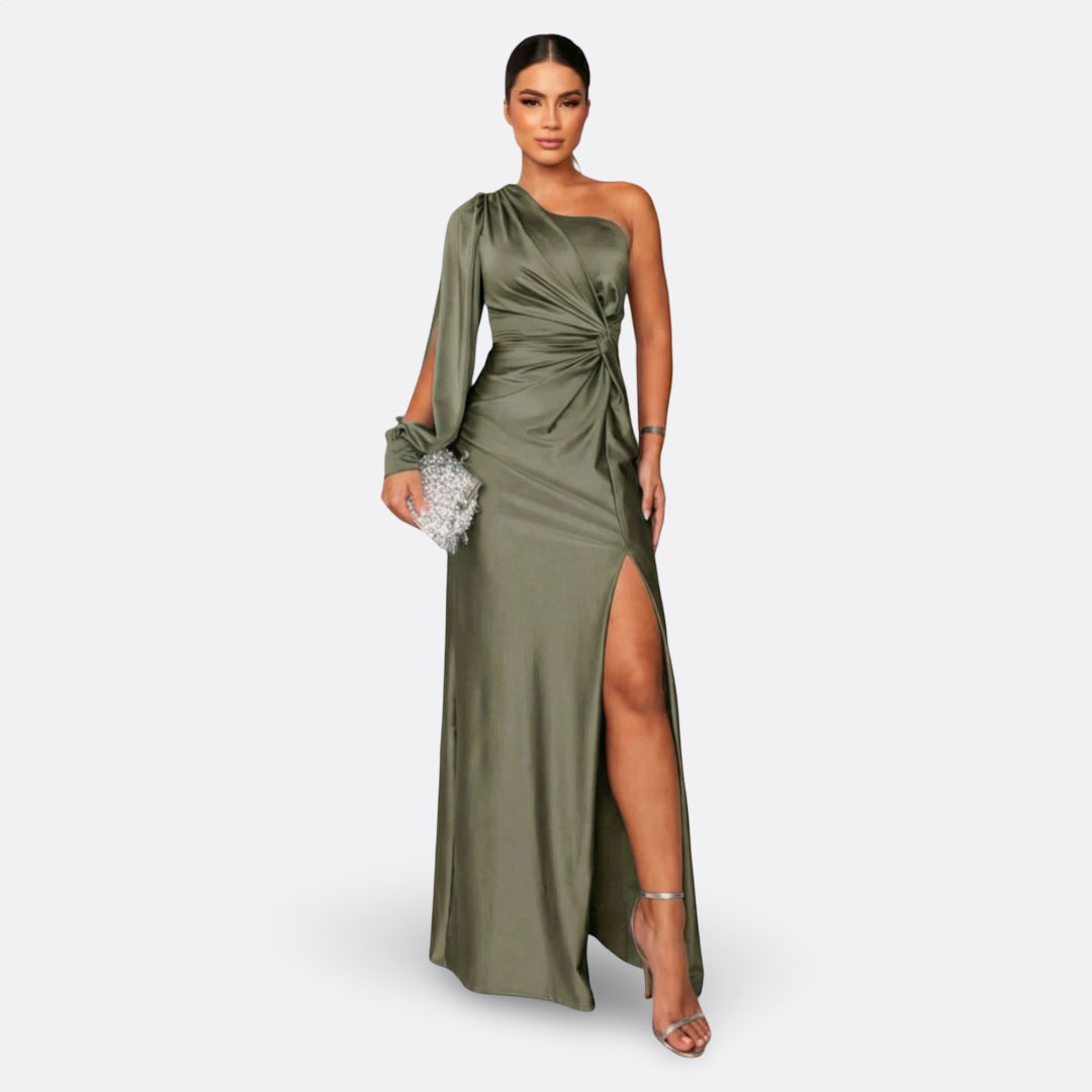 Luna | Vestido Longo Elegante Assimétrico com Drapeado Fluido