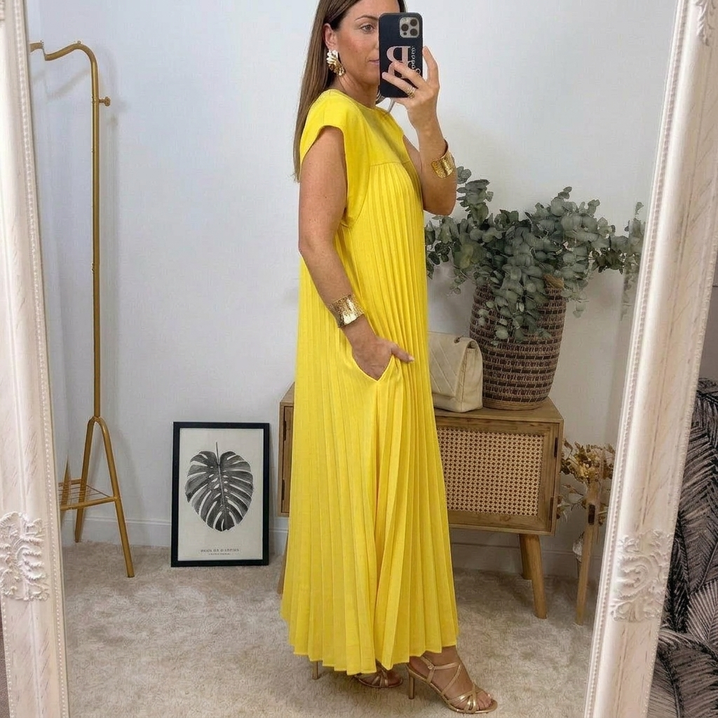 Ana | Vestido Longo Plissado Leve e Confortável com Bolsos