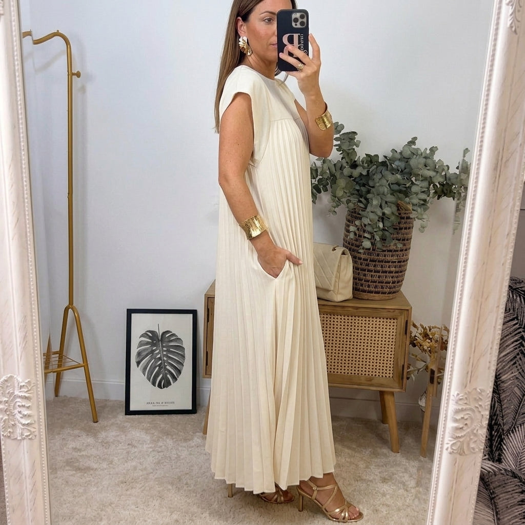 Ana | Vestido Longo Plissado Leve e Confortável com Bolsos