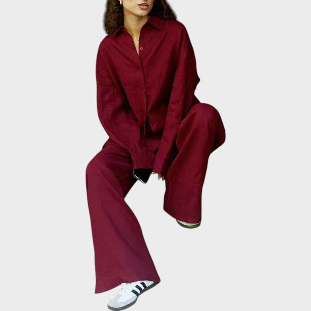 Luna | Conjunto de 3 Peças em Algodão com Camisa Listrada, Cropped e Calça Pantalona
