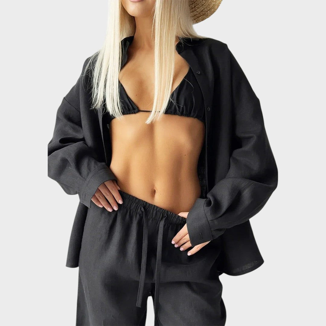 Luna | Conjunto de 3 Peças em Algodão com Camisa Listrada, Cropped e Calça Pantalona