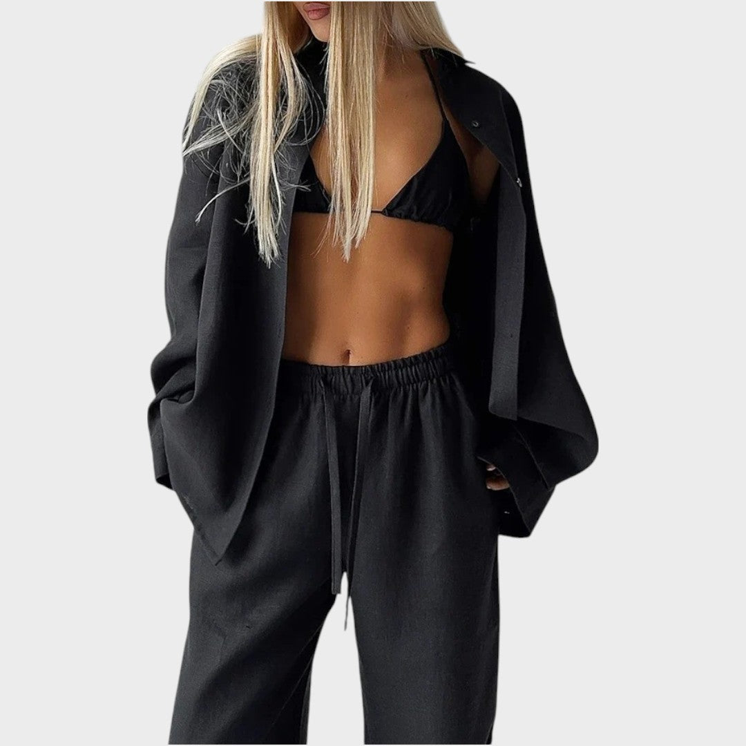 Luna | Conjunto de 3 Peças em Algodão com Camisa Listrada, Cropped e Calça Pantalona