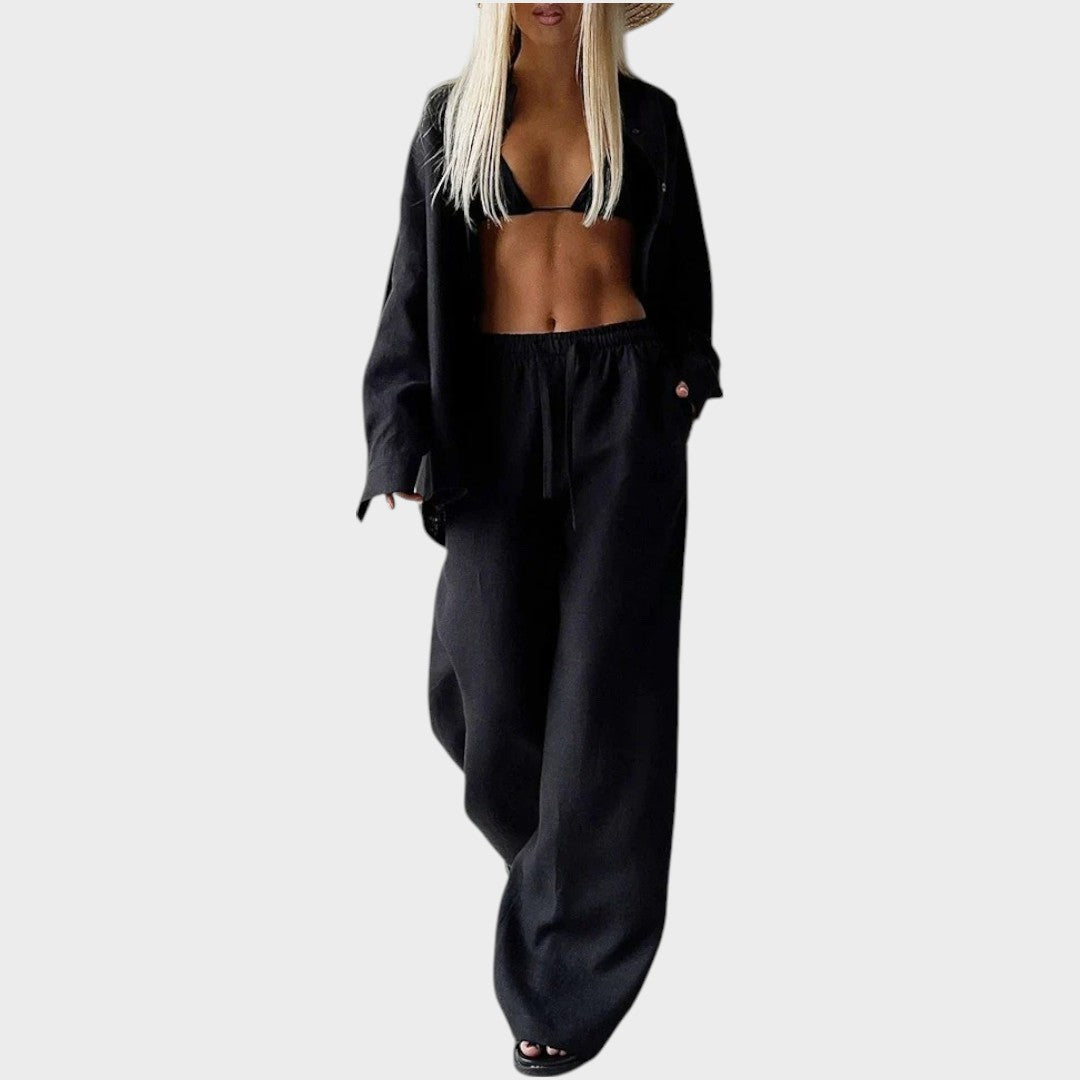 Luna | Conjunto de 3 Peças em Algodão com Camisa Listrada, Cropped e Calça Pantalona