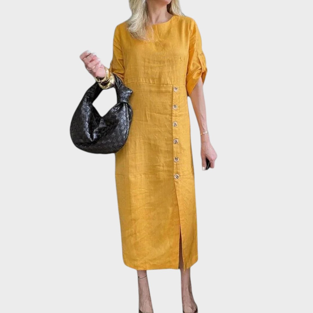 Adélia | Vestido de Algodão e Linho com Botões