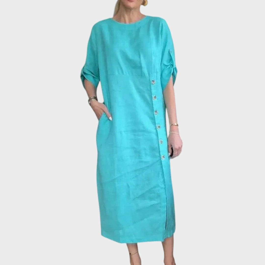 Adélia | Vestido de Algodão e Linho com Botões