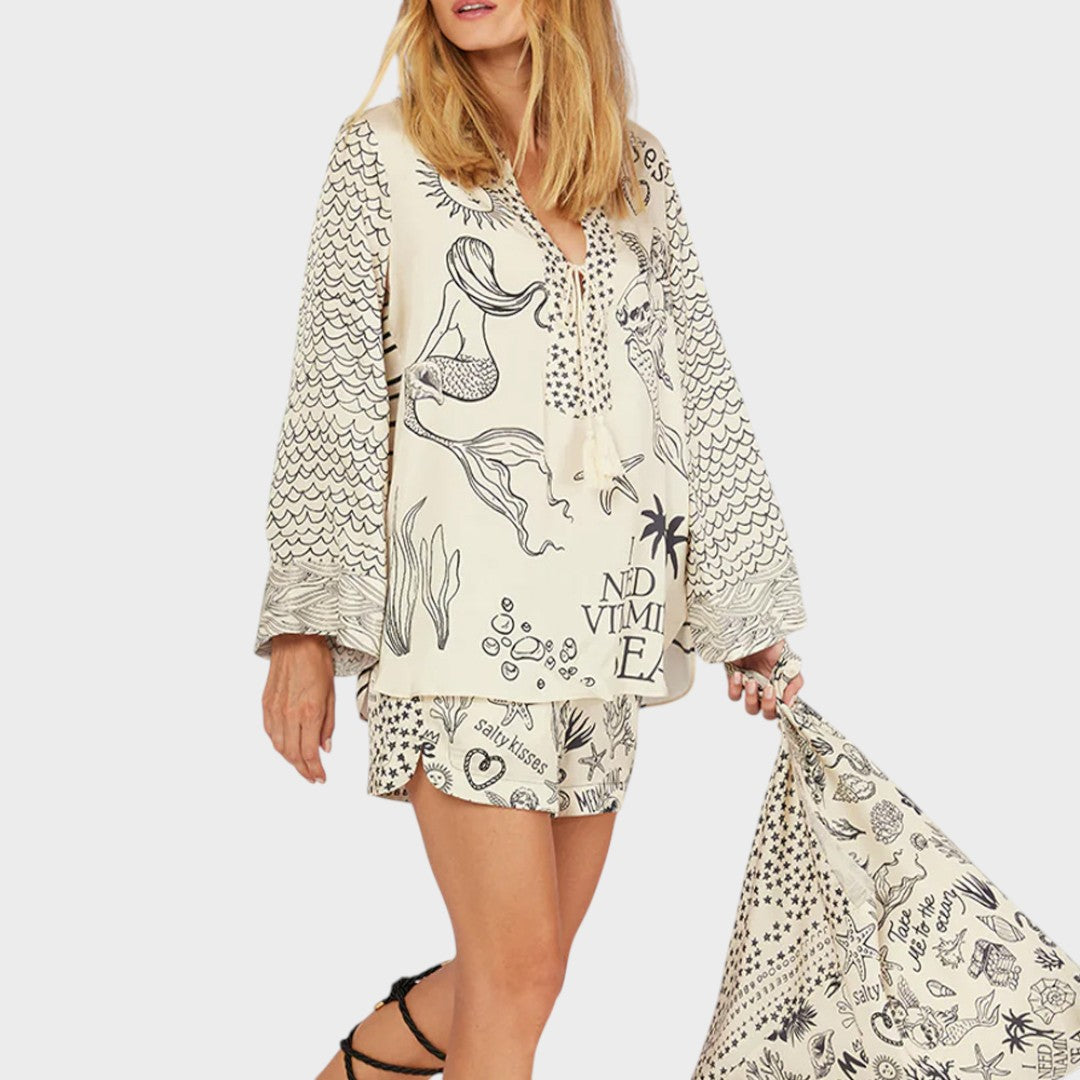 Arial | Conjunto de Camisa Listrada e Shorts com Decote em V para Dias de Praia