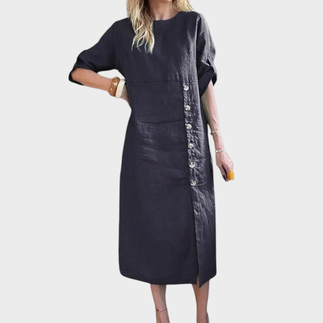 Adélia | Vestido de Algodão e Linho com Botões