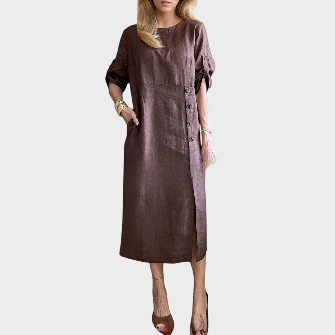 Adélia | Vestido de Algodão e Linho com Botões