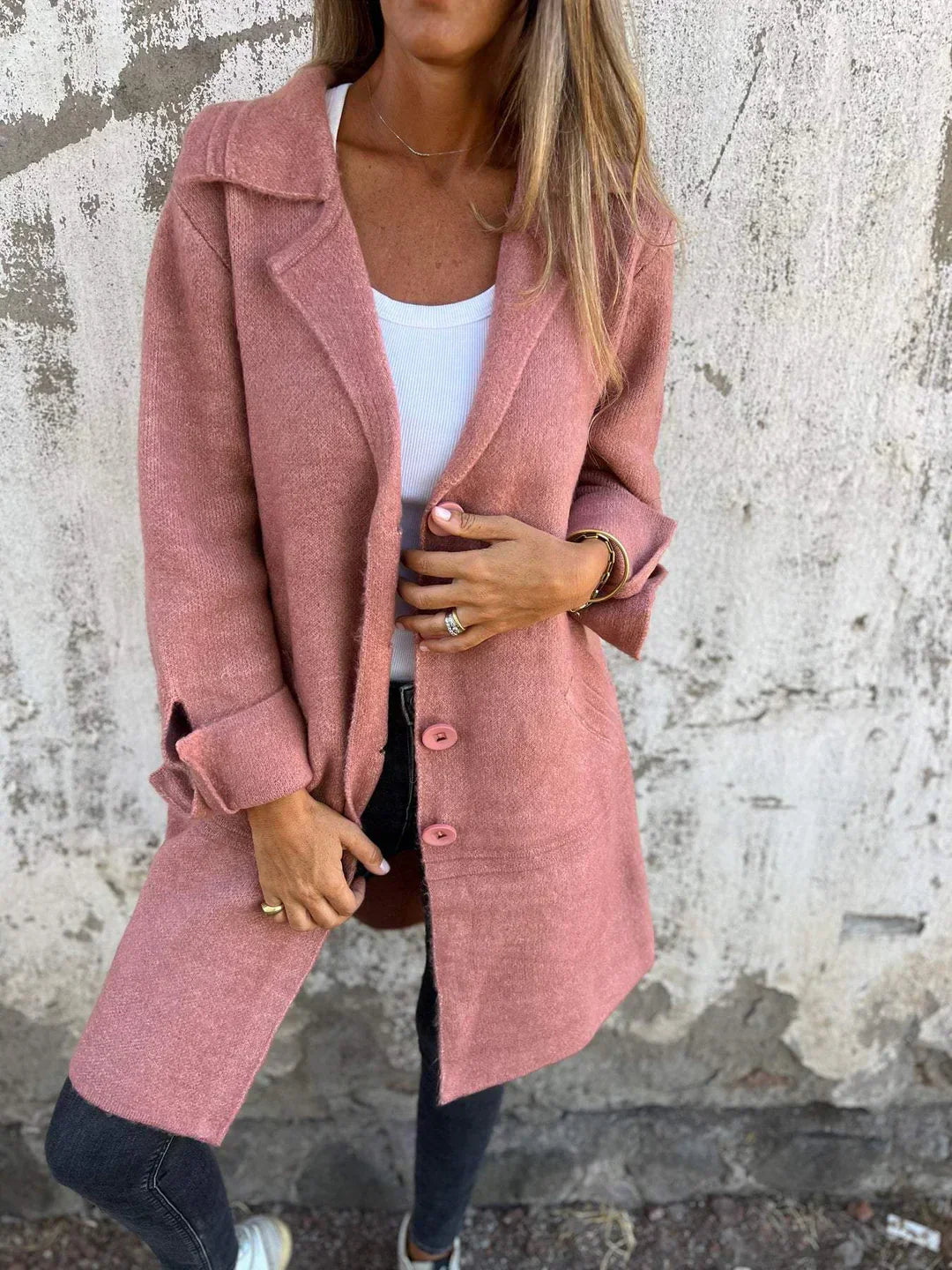 Baylea - Casaco Longo Casual de Lã com Lapela e Abotoamento Simples
