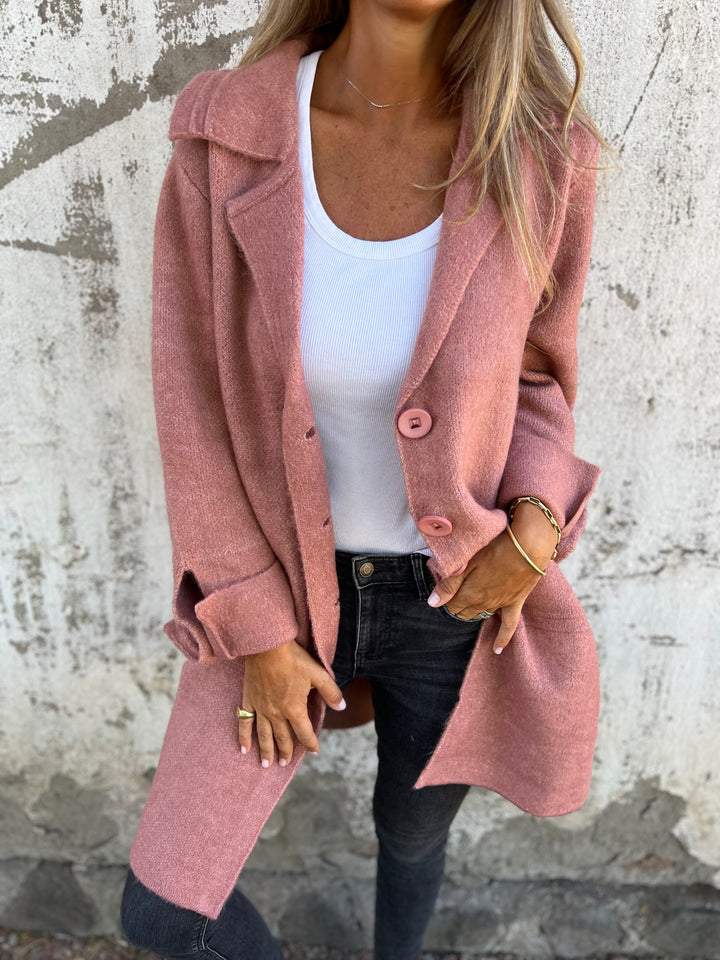 Baylea - Casaco Longo Casual de Lã com Lapela e Abotoamento Simples