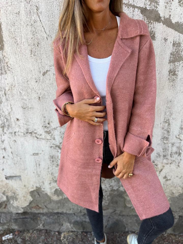 Baylea - Casaco Longo Casual de Lã com Lapela e Abotoamento Simples