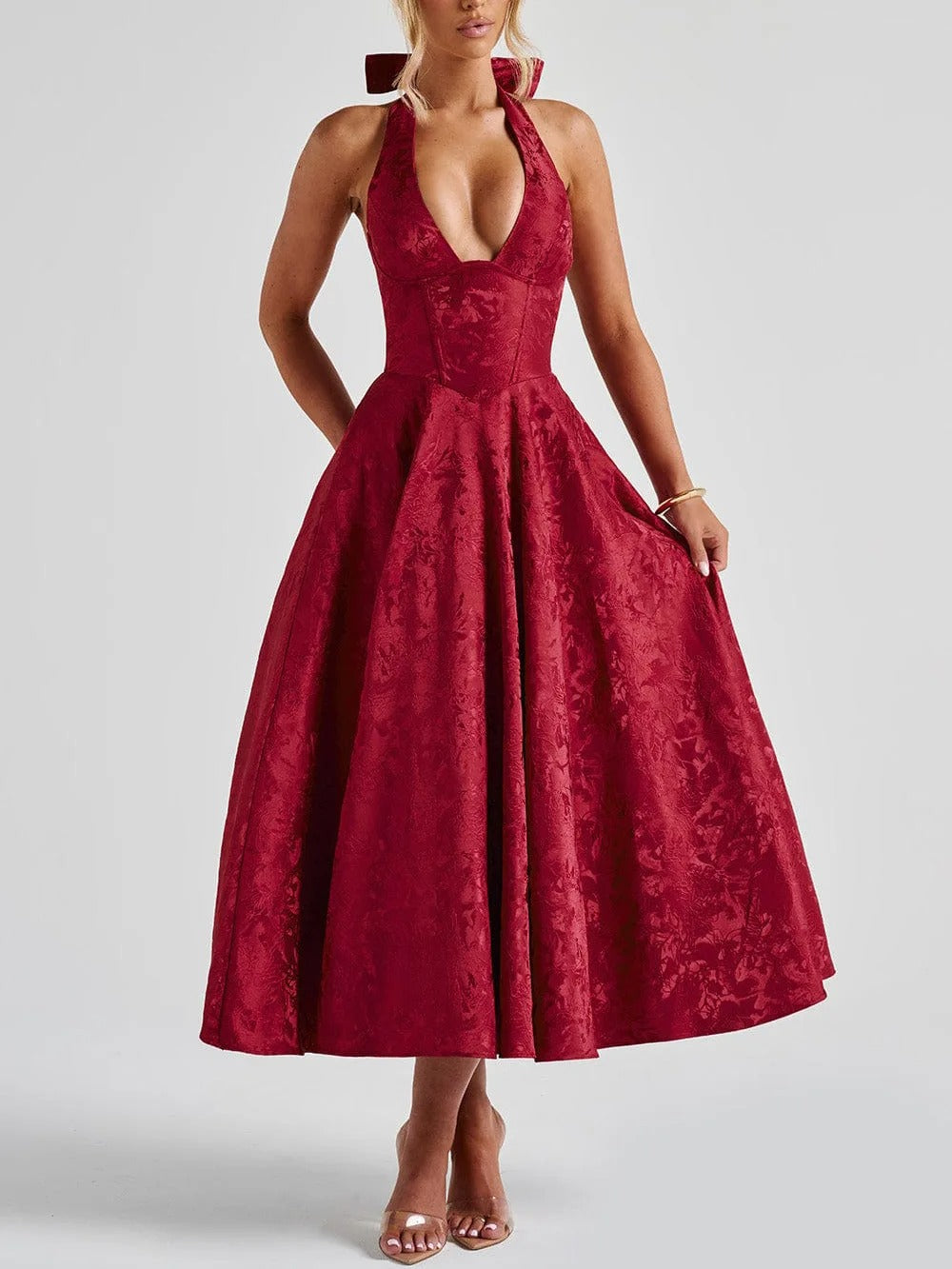 VIOLAINE™ – Vestido de Noche con Escote en V, Cuello Halter y Bordado