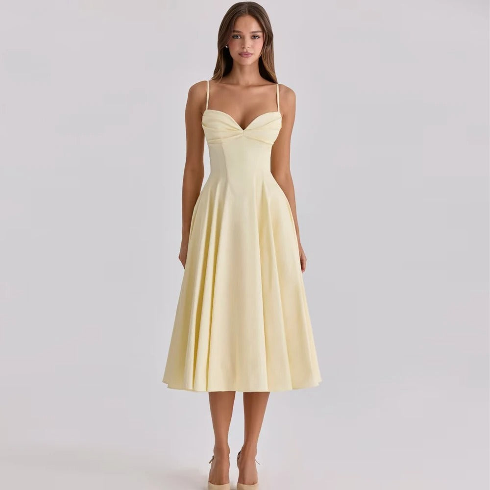 Amélie™ – Vestido Midi con Escote Corazón, Drapeado y Corte Evasé