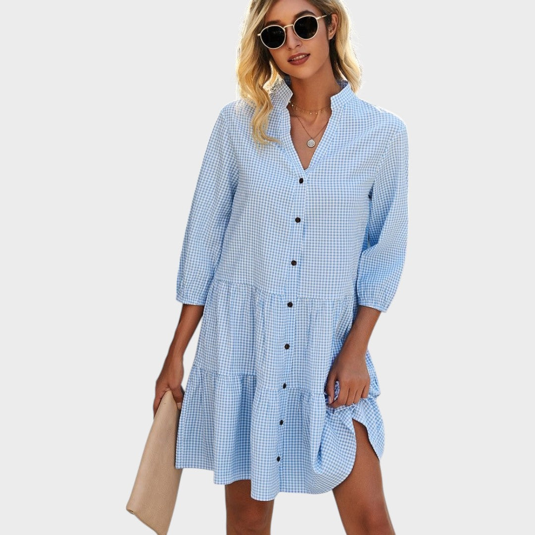 Shanna | Vestido Midi Fluido com Estampa Xadrez Vichy e Botões na Frente