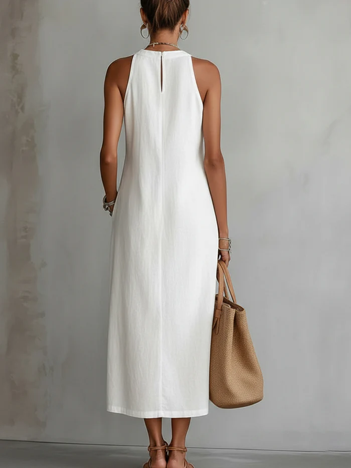 Beatriz | Vestido Midi de Linho com Renda e Gola Alta