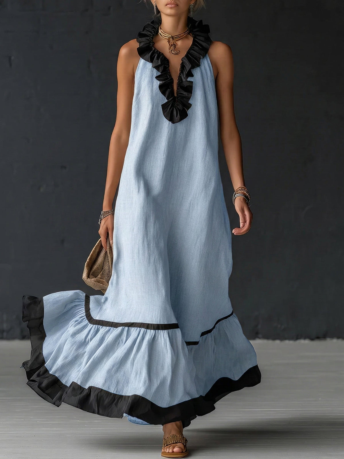 Sofia | Vestido Maxi com Babados e Detalhe Bicolor