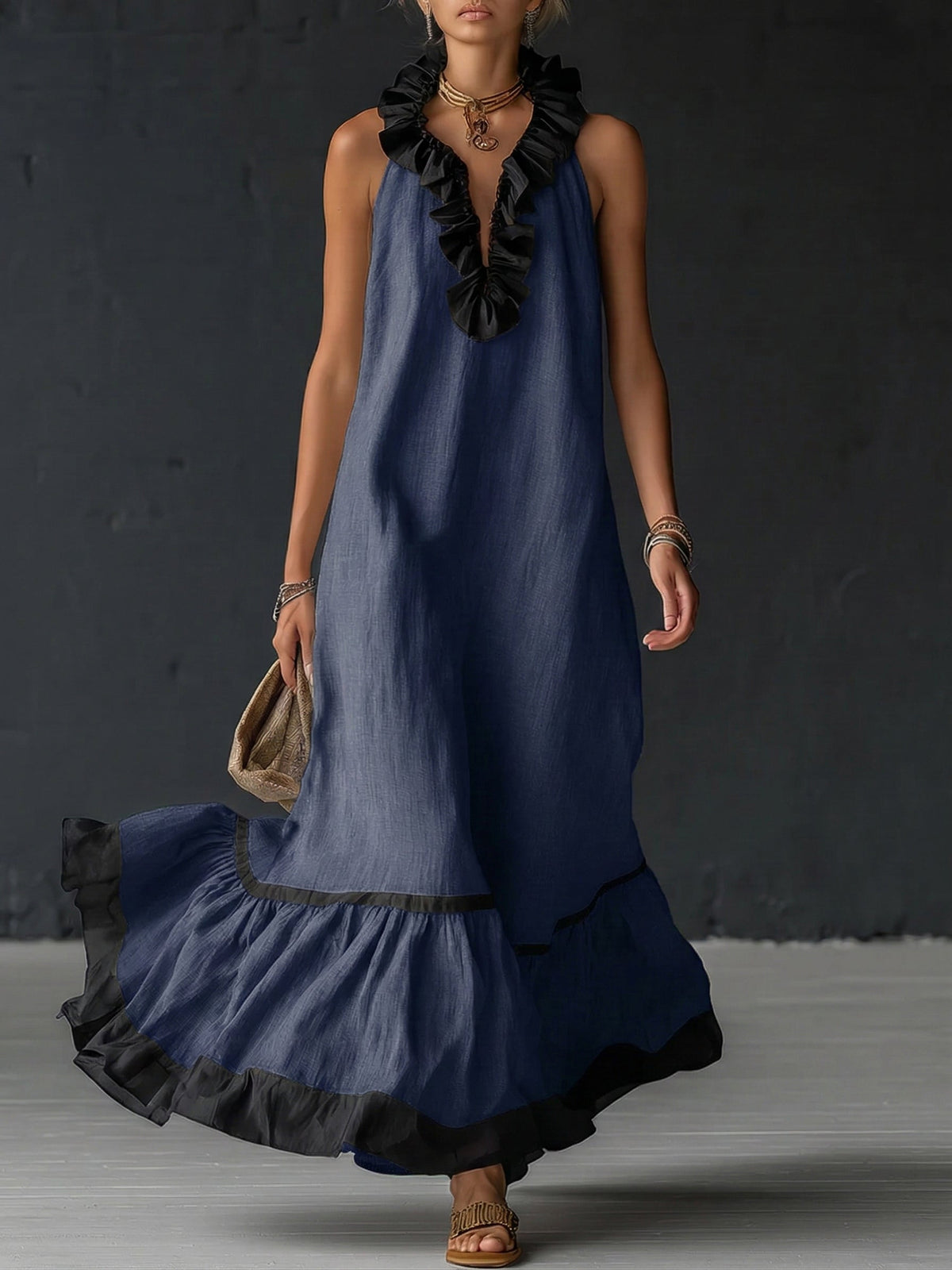 Sofia | Vestido Maxi com Babados e Detalhe Bicolor
