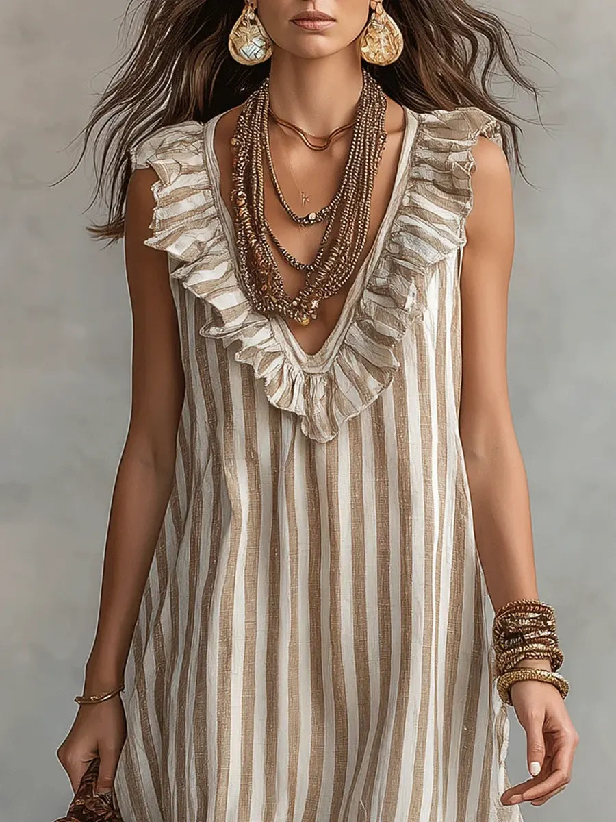 Isabel | Vestido de Algodón con Rayas y Volantes en el Escote