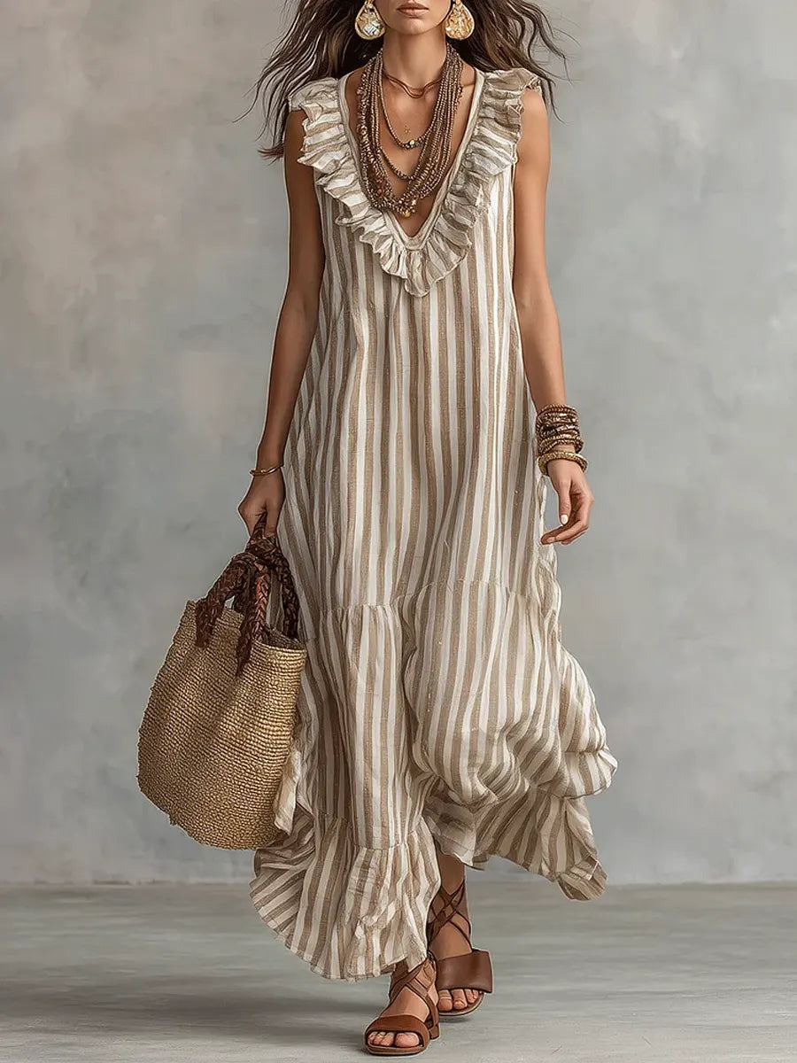 Isabel | Vestido de Algodón con Rayas y Volantes en el Escote